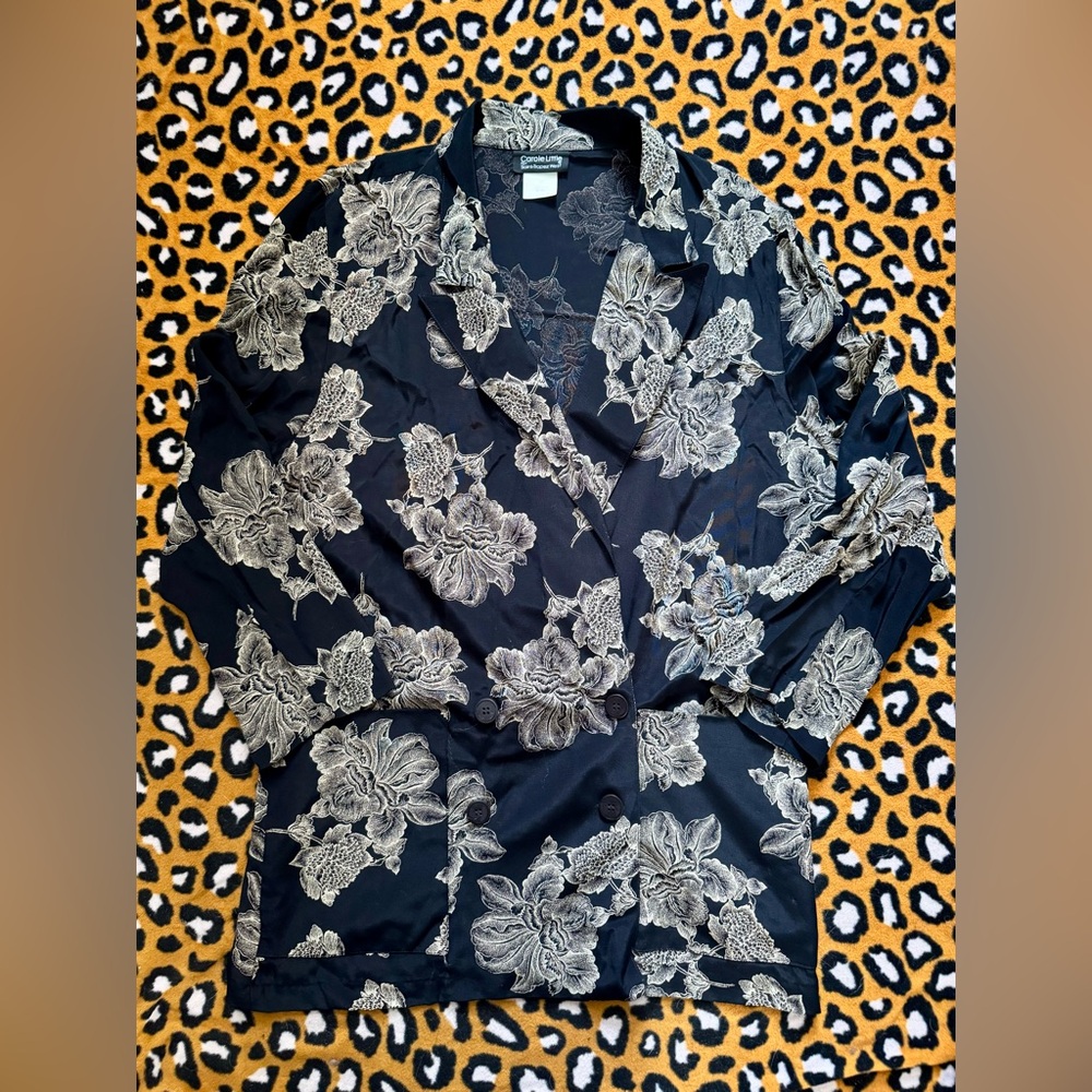 Vintage Carole Little Black and Cream Floral Light Weight Blazer